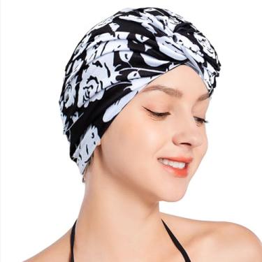 Imagem de SUNTRADE Touca de banho feminina feminina feminina de cabelo curto com nó plissado turbante chapéu de natação não impermeável (preto-rosa)