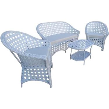 Imagem de Conjunto de Sofá Fibra Sintética Branco Telado - 1 Sofá 2L + 2 Poltronas + 1 Mesa de Centro - Tecido Duna Cru