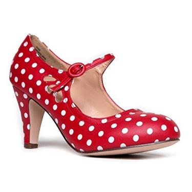 Imagem de Mary Jane Pumps – Salto baixo gatinho – Sapato retrô vintage com bico redondo e tira no tornozelo – Pixie By J. Adams, Red Polka Dot, 7