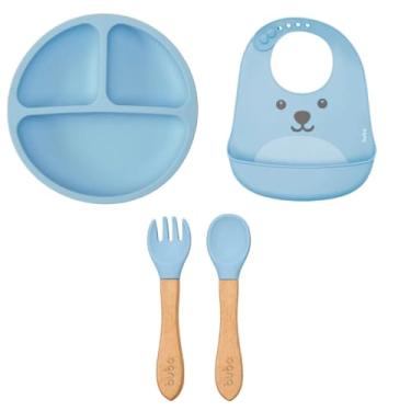 Imagem de Kit Alimentação Silicone 3pçs Babador Gumy Pratinho Talher Em Silicone e Bambu Bebe Introdução Azul