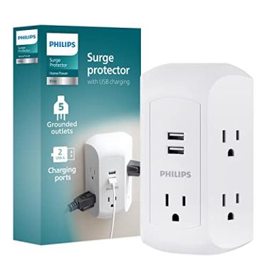Imagem de Extensor de 5 saídas Philips com 2 portas USB, protetor contra surto, saídas espaçadas com adaptador, 3 pontas, acesso lateral, aterrado, perfeito para carregamento de celular, branco, SPS5002WA/37