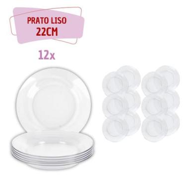 Imagem de Kit 12 pçs Pratos de Vidro Transparente Buffet Fundos 22cm - PRATICASA