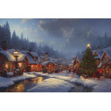Imagem de Painel de Lona Pintura Vilarejo nas Montanhas Luzes de Natal Árvore De
