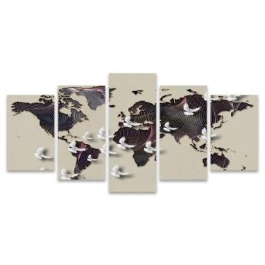 Imagem de Quadro Mosaico Decorativo Mapa Mundi Linhas Pombas Brancas Paz Bege - 