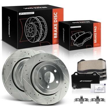 Imagem de A-Premium Rotores de freio a disco traseiro perfurado e ranhurado de 13,78 polegadas (350 mm) + kit de pastilhas de cerâmica compatível com modelos selecionados de Jeep - WK Series Grand Cherokee 2006