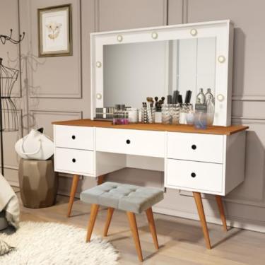 Imagem de Penteadeira Camarim Com Banqueta Com Led Espelho Resistente Moderna Decorativa Madeira MDF Maquiagem (Branco/Nature)