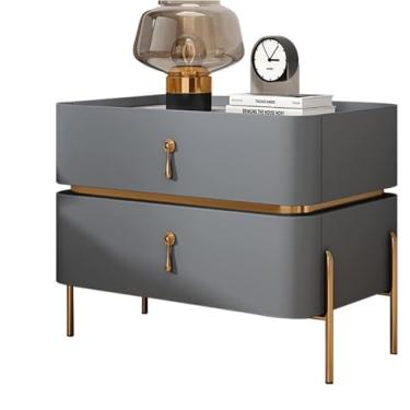 Imagem de Mesa de cabeceira moderna de meados do século | Mesa de cabeceira para decoração de casa com pernas de metal e 2 gavetas de armazenamento | Mesa lateral contemporânea para sala de estar, quarto, azul