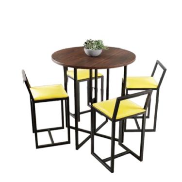 Imagem de Conjunto Mesa Redonda Imbuia 4 Cadeiras Pequena Estofado Industrial Black (AMARELO)