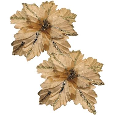 Imagem de Kit 12 Flores Artificial Glitter Dourado Madeira Natal 25cm