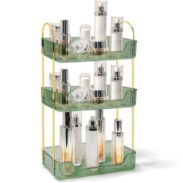 Imagem de TENDER EPOCH Organizador de balcão de banheiro, bancada, para cuidados com a pele, organizador de maquiagem, cosméticos, cuidados com a pele, suporte para perfume, verde, dourado, 3 níveis