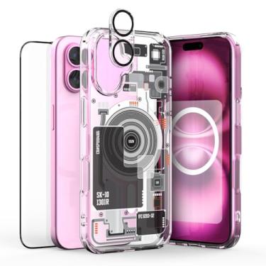 Imagem de Capa transparente com design neo-visível para iPhone 16 Plus, capa híbrida de policarbonato + TPU, amplo orifício de controle de câmera, compatível com Magsafe, protetor de tela de vidro + protetor de