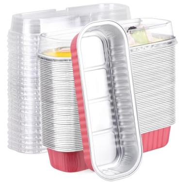 Imagem de EUSOAR Copos de panificação com tampas, 50 peças de folha de alumínio de 200 ml, cheesecake ramequins, mini formas de pão, lata descartável, recipientes de bolo reutilizáveis, envoltórios de