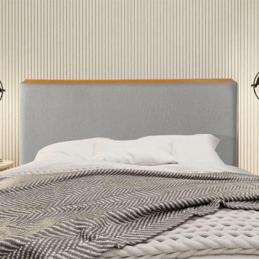 Imagem de Cabeceira Cama Box Casal 1,40m Estofada Detalhe Em Madeira Java Linho Cinza