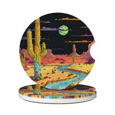 Imagem de Delerain Porta-copos de carro de cacto com lua, 2 unidades, porta-copos de cerâmica para carro, universal, absorvente, antiderrapante, base de cortiça, porta-copos para bebidas com entalhe nos dedos