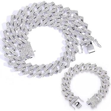 Imagem de EMESLY Corrente de elos cubanos Miami / Colar de prata (40, 46, 50, 56, 61, 76 cm); pulseira hip hop (comprimento de 20 cm) para homens e mulheres; joia perfeita para presente brilhante, 16.0 Inches