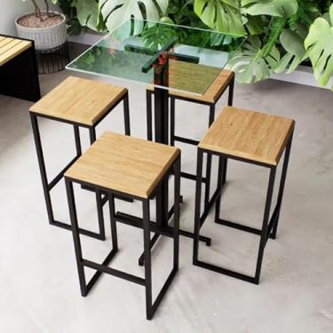 Imagem de Conjunto Mesa Alta Bar Bistrô Quadrada Vidro 4 Bancos Pinus Industrial Black