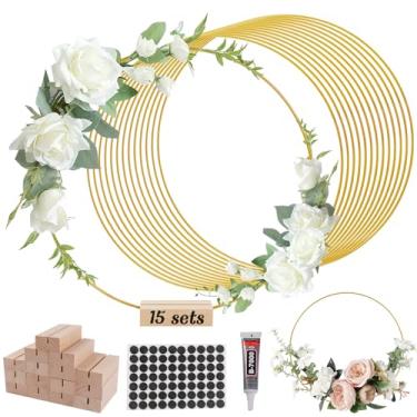 Imagem de 15 peças de 30,5 cm de metal floral coroa de argola decoração de mesa com 15 peças de porta-cartões de lugar, anéis de argola de artesanato de ouro para decorações de casamento, artesanato de parede e