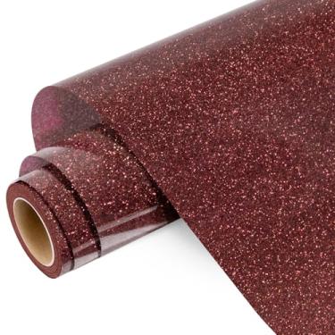 Imagem de WRAPXPERT Rolo de vinil de transferência de calor com glitter marrom, vinil HTV vermelho vinho holográfico, 25,4 cm x 1,5 m brilhante vermelho escuro ferro em vinil para design de vinil térmico,
