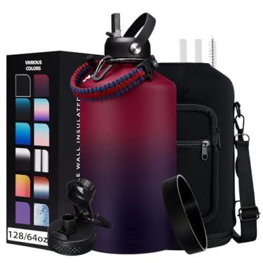 Imagem de Jarra de água isolada de 1 galão – com alça de paracord, canudo e tampa de mandril, suporte para garrafas de água com alça, garrafa de água grande de aço inoxidável de 3,628 g, mantenha quente 12h e frio 48 para viagens caminhadas acampamento trabalho