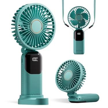 Imagem de Ventilador portátil Gockera, ventilador operado por bateria de 4200 mAh, 5 velocidades e display digital, ventiladores de maquiagem com base, para mulheres, ventilador portátil 3 em 1, dobrável, 180°