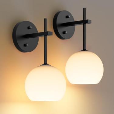 Imagem de MOITA Conjunto de dois arandelas de parede, decoração de parede operada por bateria sem fio com controle remoto, iluminação de parede com sombra de vidro fosco, instalação para cima e para baixo, 12