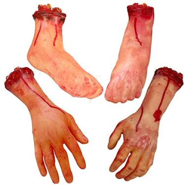 Imagem de Medou 4 Pieces Fake Human Severed Hands Feet Set Scary Bloody Broken Body Parts Halloween Decorations for Haunted House Halloween Party Decorations Supplies (2 Pieces Feet & 2 Pieces Hands) (Large)