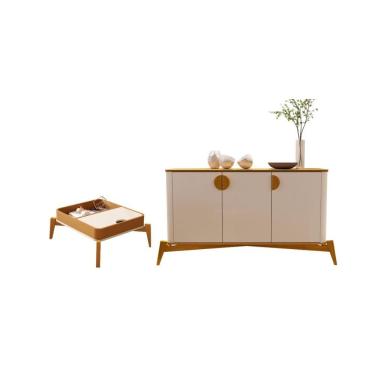Imagem de Conjunto Mesa de Centro e Aparador Tibet Off White Nature Retangular MDF 144cm Sala Estar