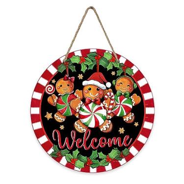 Imagem de Deroro Placa De Porta Da Frente Com Boneco Gengibre Natal, Decoração Varanda Externa Doces Hortelã-Pimenta, Guirlanda Madeira Listras Azevinho E Frutas Para Parede Interna