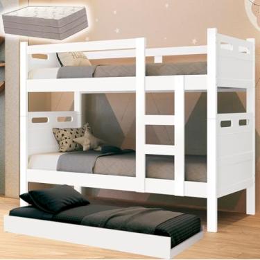 Imagem de Beliche com Cama Auxiliar e 3 Colchões D33, 156 cm x 94 cm x 204 cm, Suporta 100 kg por Cama 100% MDF (Branco)