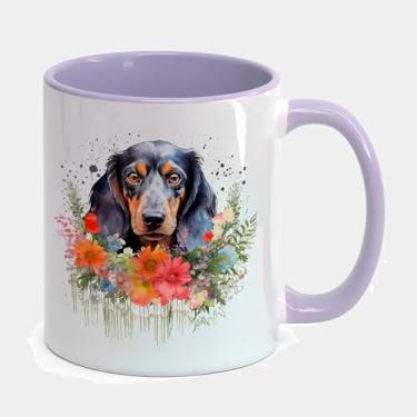 Imagem de Caneca Porcelana Branca Alça e Interior Roxa 325ml - CACHORRO DACHSHUND PRETO E MARROM FLORES