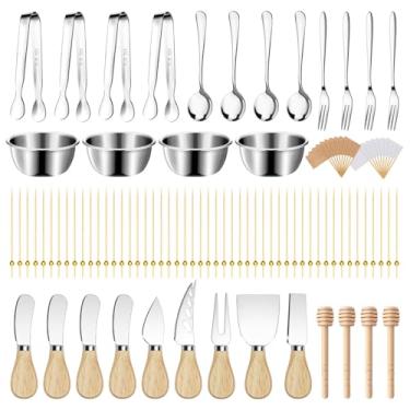 Imagem de Acessórios para tábuas de charcutaria, utensílios de charcutaria, conjunto de facas para espalhar manteiga de queijo, pequenas pinças para servir, garfos e colheres, tigelas de mergulho, molho de mel