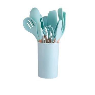 Imagem de Jogo de Cozinha Kit C/12 Peças de Silicone, Utensílios e Copo Suporte para Cozinha Cabo de Madeira(Verde Claro)