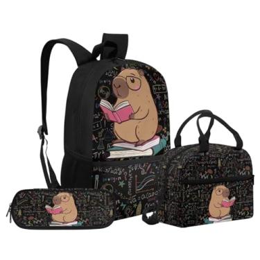 Imagem de Puganiruo Conjunto de mochila escolar infantil capivara preta para meninos e meninas para laptop, lancheira infantil, conjunto de estojo de lápis, 3 em 1