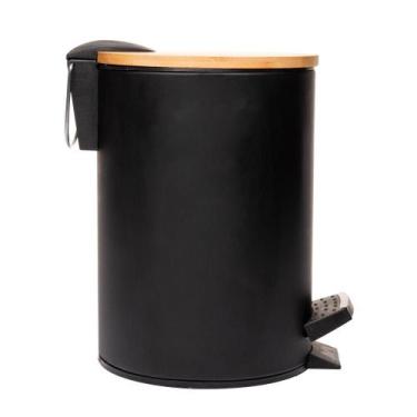 Imagem de Lixeira redonda metal c/pedal tampa em bambu preta 5l - lyor