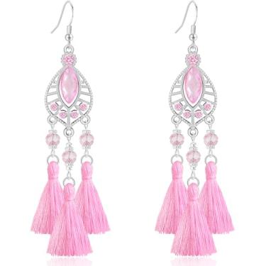 Imagem de Ricarmo Brincos femininos estilo nacional boêmio, strass, vazados, leves, pendentes, tecido de cristal, franja, gancho, para mulheres, 2.44inch, Metal, Sem pedra preciosa