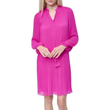 Imagem de DKNY Vestido feminino plissado de manga comprida com gola amarrada, rosa (Power Pink)