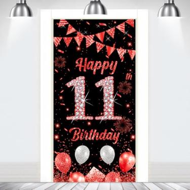 Imagem de Banner de porta de feliz aniversário para meninos meninas vermelho e preto decorações de aniversário de 11 anos vermelho 11 anos de idade fundo de porta ao ar livre suprimentos de festa decoração de