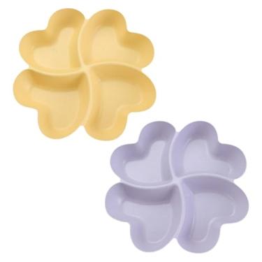 Imagem de ccHuDE 2 bandejas de plástico de 21,5 cm, bandejas de comida para servir comida, travessas de lanche, reutilizáveis, travessas de frutas divididas com 4 compartimentos para festas, roxo e amarelo