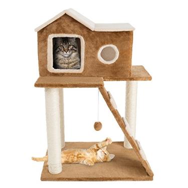 Imagem de Árvore de gato de 3 camadas - Torre de gato de pelúcia com postes de arranhar, escada, condomínio de gato e brinquedo de pendurar para gatos e gatinhos da PETMAKER (34,5 polegadas)