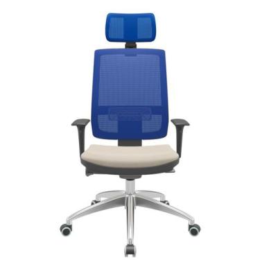 Imagem de Cadeira Office Brizza Tela Azul Com Encosto Assento Vinil Bege Autocom