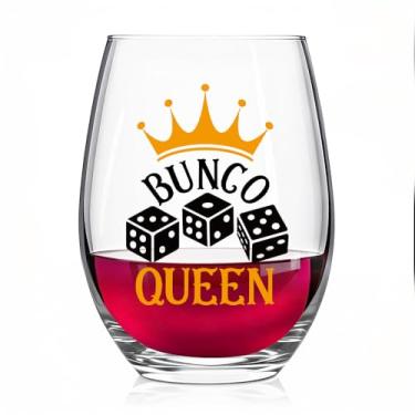 Imagem de Pishovi Taça de vinho Bunco Queen, decoração Bunco e presentes Bunco para mulheres, Quiz Night Quencher, festa noturna de jogo, celebração, ideia de presentes exclusivos para amigos e familiares