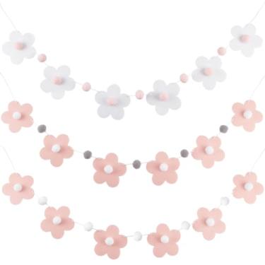 Imagem de CRASPIRE Conjunto de 3 conjuntos de decoração de parede de flor de feltro margarida guirlanda rosa branco boho primavera floral bola redonda decoração de festa banners pendurados com passadas de