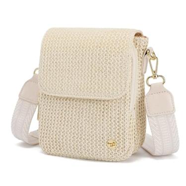 Imagem de Haytijoe Bolsa tiracolo de palha RFID para mulheres 2025 pequena bolsa para celular ráfia com compartimentos para cartões, carteira transversal para viagens, Boho, branco, Small