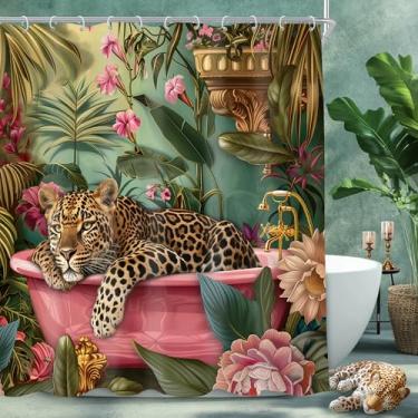 Imagem de Cinbloo Cortina de chuveiro leopardo 72Lx72H rosa choque guepardo vida selvagem na banheira vintage animal da selva tropical boho peônia conjunto de cortinas de banheiro moderno retrô folhas planta
