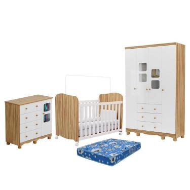 Imagem de Dormitório Uli Guarda Roupa 4 Portas, Cômoda e Berço com Colchão Baby Physical - Móveis Peroba