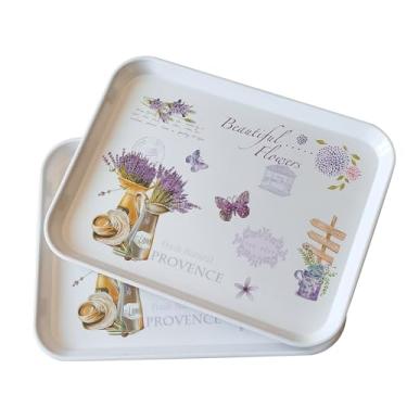 Imagem de Bandeja grande de melamina, pacote com 2 bandejas empilháveis de alimentos com estampa floral para presente, festa, decoração, casa, restaurante (lavanda roxa, grande)