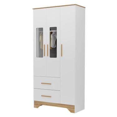 Imagem de Guarda Roupa Infantil Popy Retrô Plus 3 Portas Com Janelas E 2 Gavetas Branco Brilho/amêndoa - Móveis Peroba
