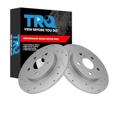Imagem de TRQ Conjunto de rotores de freio traseiro de desempenho premium G-Coated Slotted X Drilled Compatível com 2009-2010 Pontiac Vibe 2016 Scion iM 2008-2015 xB 2017-2018 Toyota Corolla iM 2009-2013 Matrix