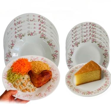 Imagem de Kit 12 Pratos Jogo Pratos Fundo E Sobremesa Decorado Flor Microondas Lavavel