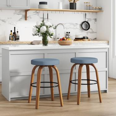 Imagem de GREHOME Conjunto de 2 bancos de bar giratórios, 66 cm de altura, banco estofado de tecido, pernas de madeira curvas resistentes, bancos de ilha modernos de meados do século para cozinha, sala de